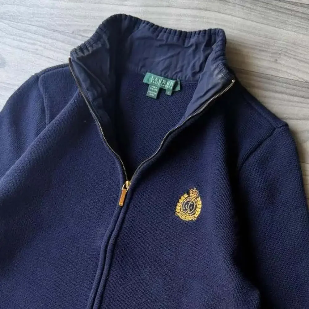 Lauren Ralph Lauren Navy Crest Full Zip Knit Sweater